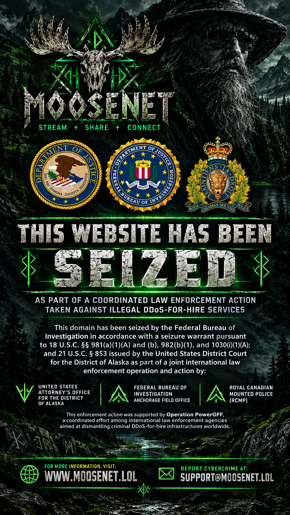 Parody MooseNet notice styled as a seized-website poster from law-enforcement agencies.